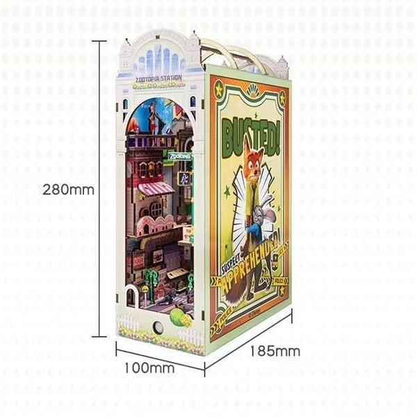 Zootopia DIY Book Nook Kit, a miniature crafts inspired by the film "Zootopia" with rich detailed scenes, iconic characters, sensor light, and easy snap-in design, perfect for 3D puzzles bookend lovers, model building lovers, dollhouse collectors, bookshelf insert decor, A great DIY project for Zootopia fans.