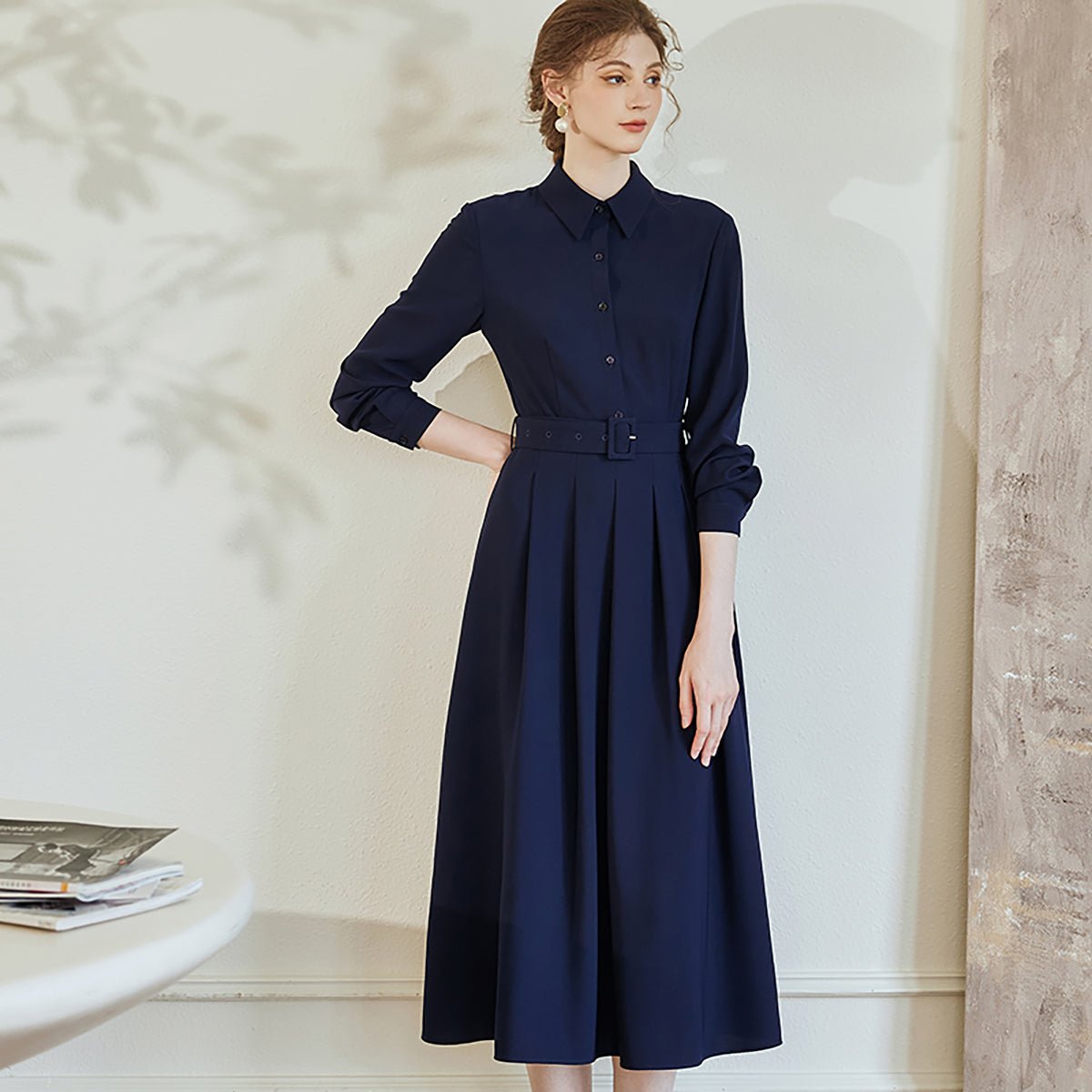 Buttoned Top Pleated Dress in Navy