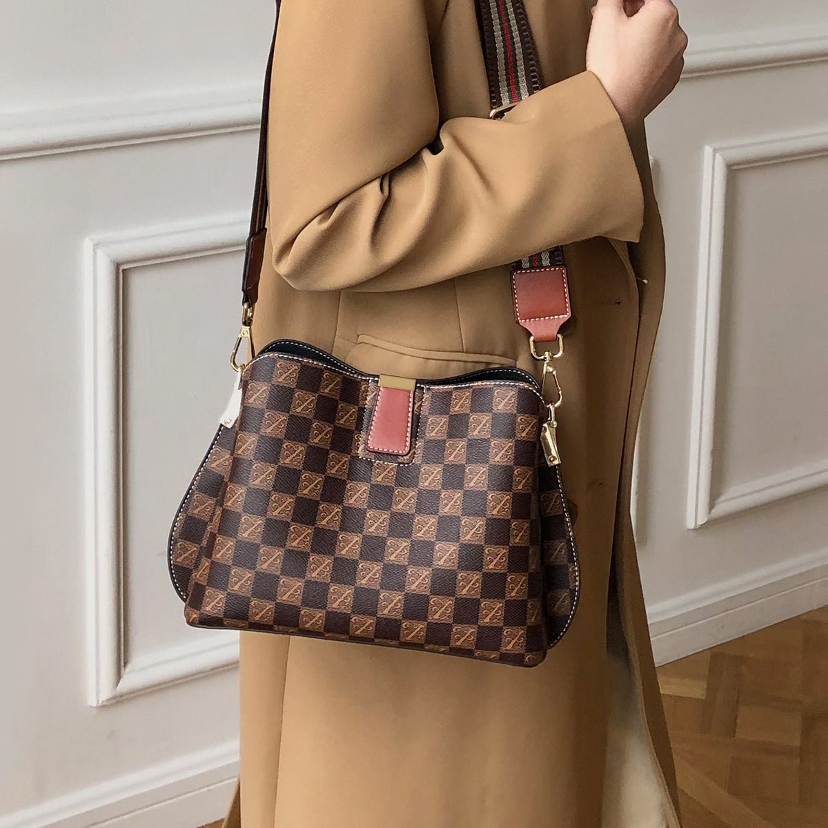 Classic Checkboard Brown Shoulder Bag
