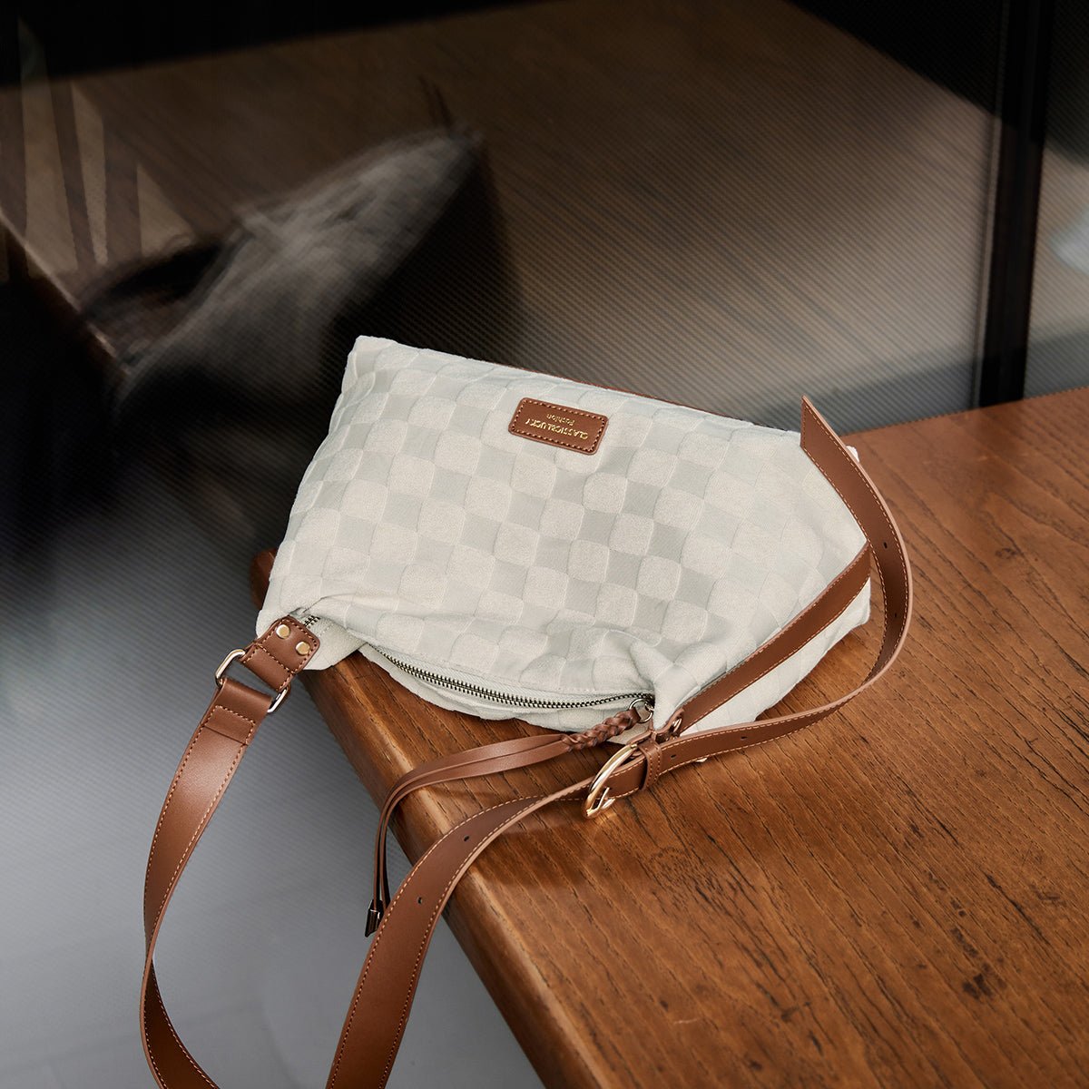 Luxe Checkered White Large Tote Bag