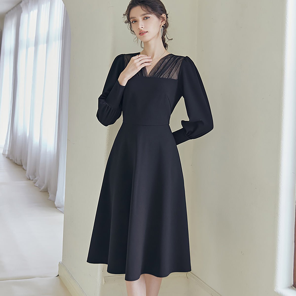 Mesh Detail Full-Sleeved Black Dress