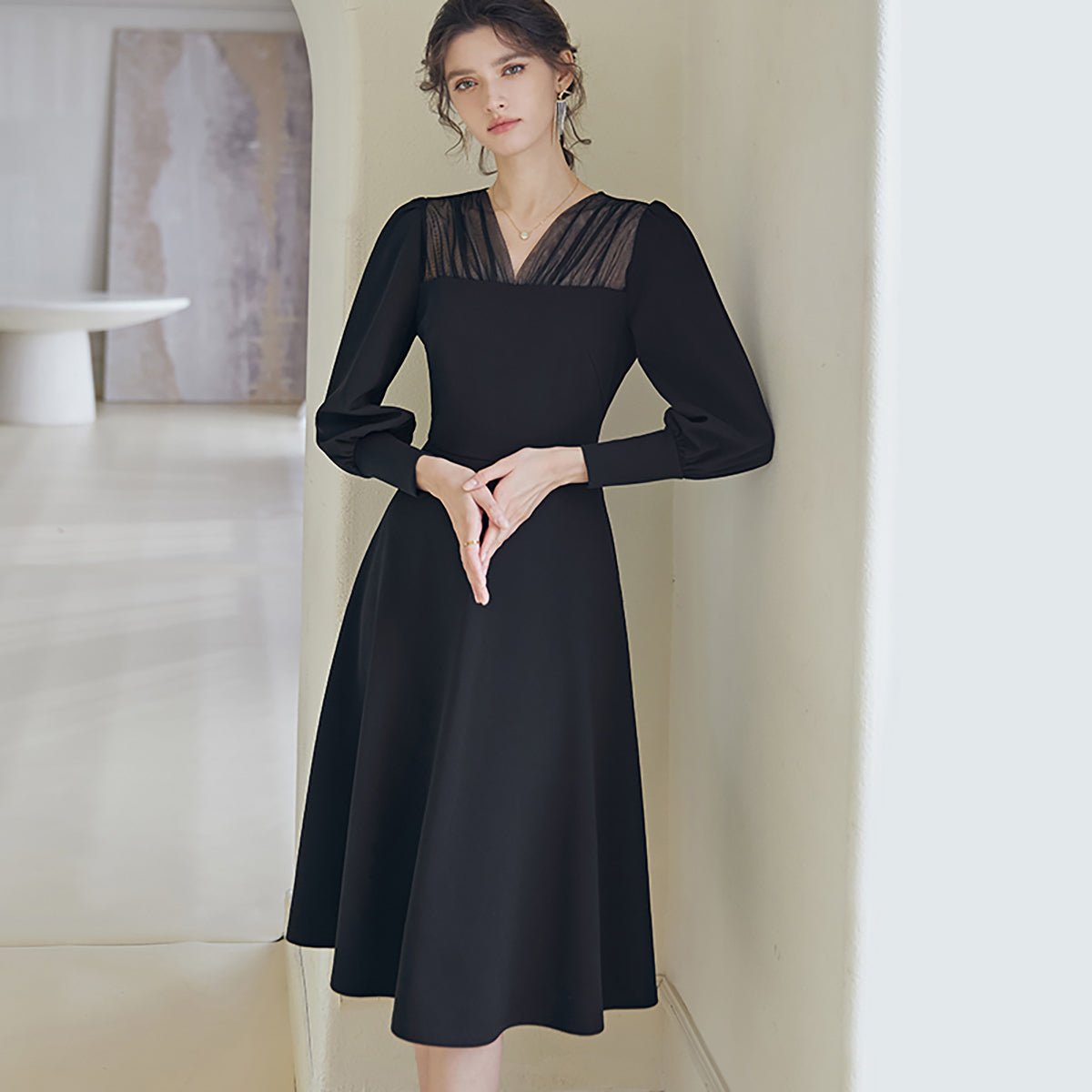 Mesh Detail Full-Sleeved Black Dress