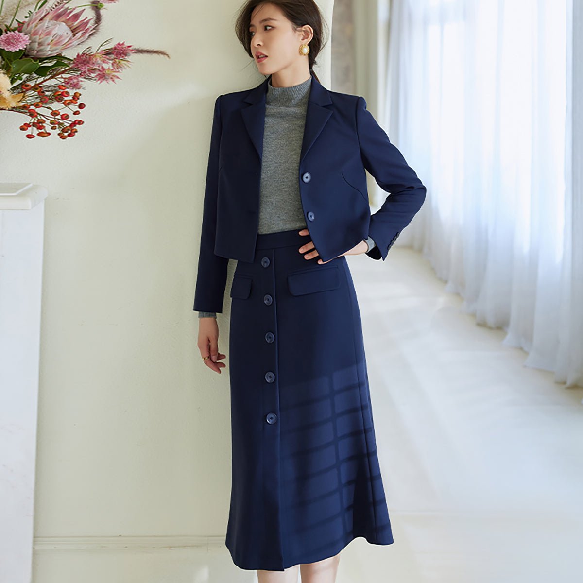 Navy Cropped Blazer and Long Skirt Set