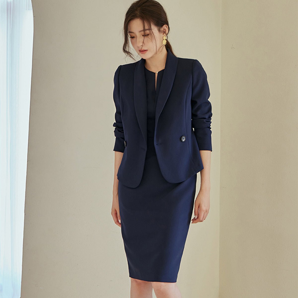 Navy Double-Breasted Blazer and Pencil Skirt Set