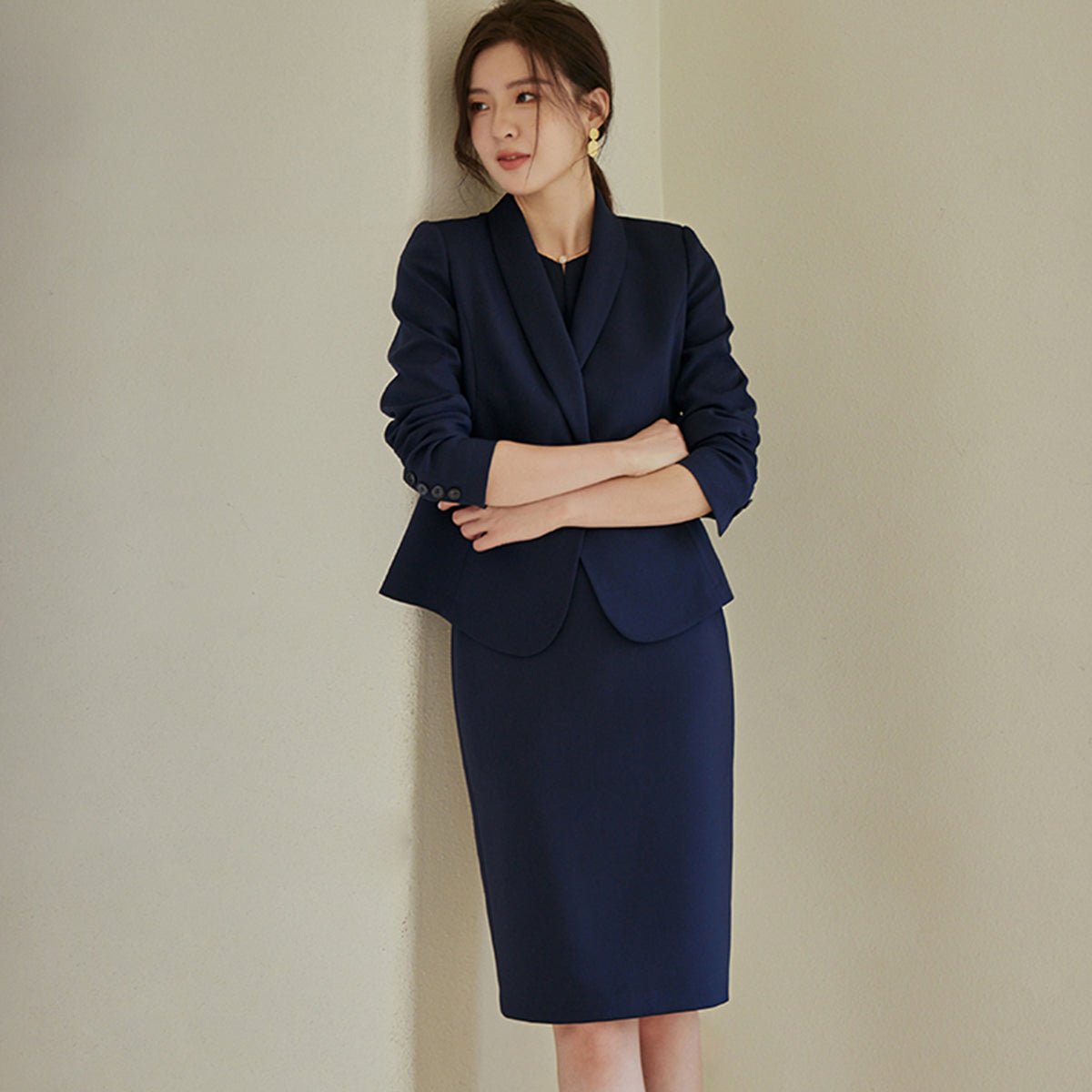 Navy Double-Breasted Blazer and Pencil Skirt Set