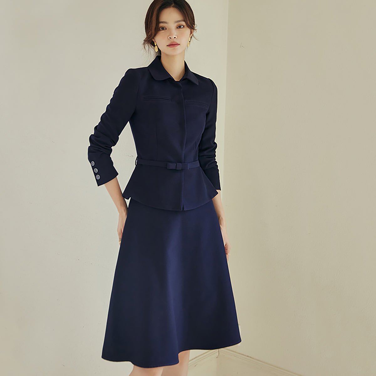 Navy Two Piece Suit Skirt Set with a Detachable Belt