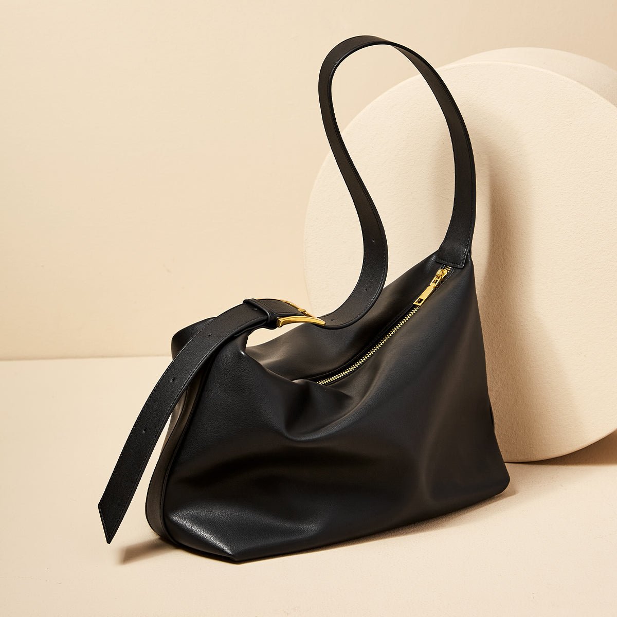 Sleek Black Retro Leather Tote Bag