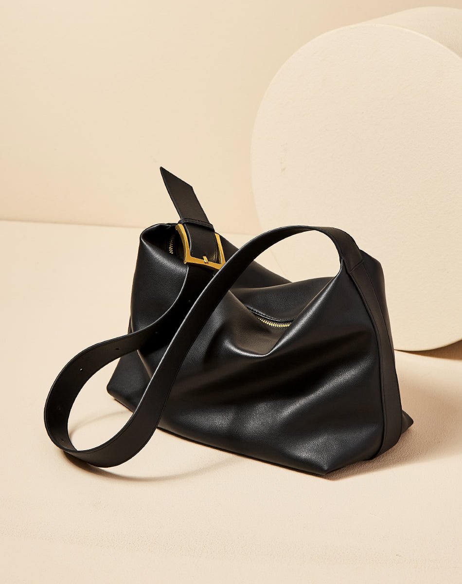 Sleek Black Retro Leather Tote Bag
