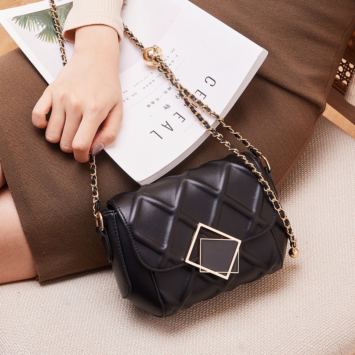 Trendy Black Leather Chain Shoulder Bag