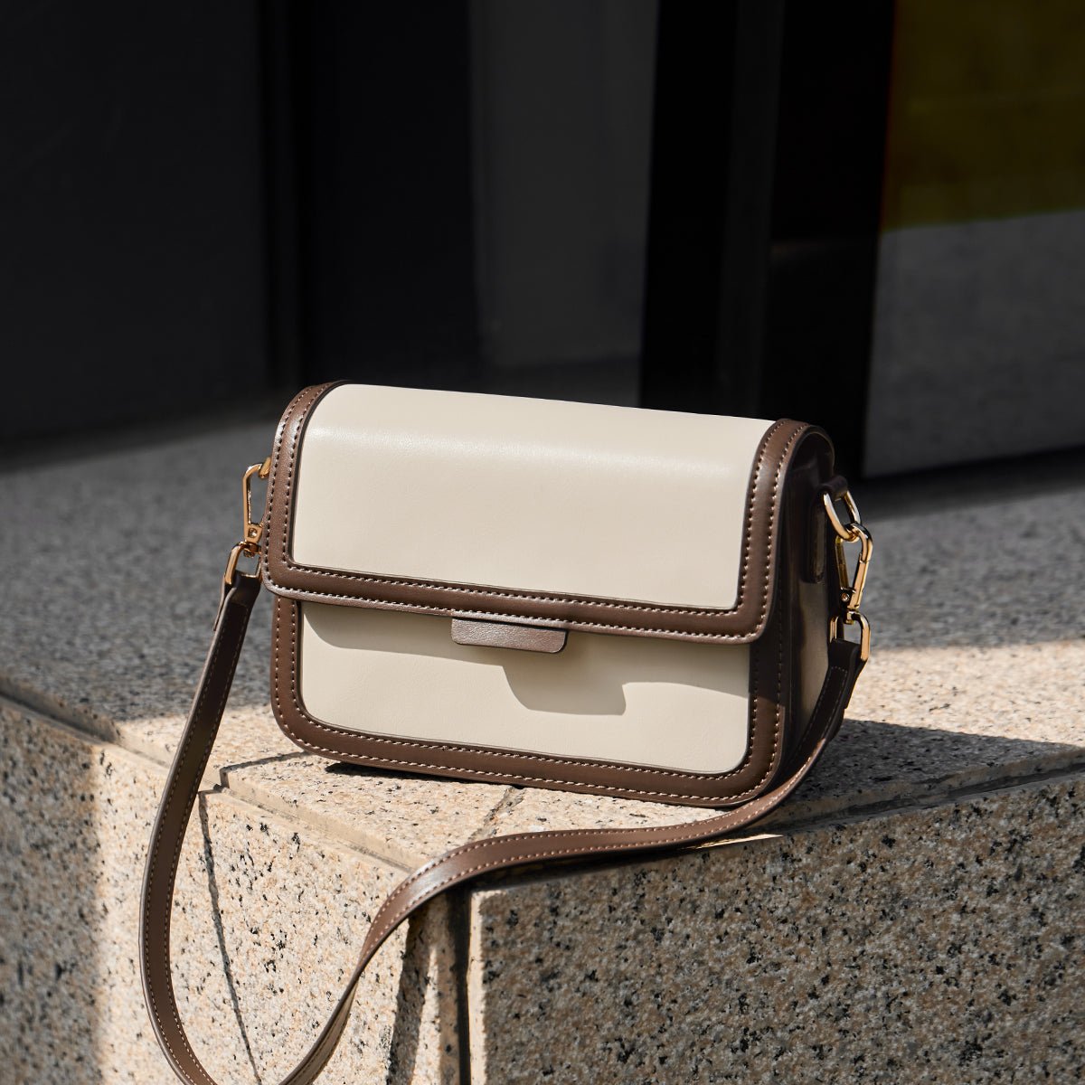 Two-Tone Spliced Ivory Leather Shoulder Bag