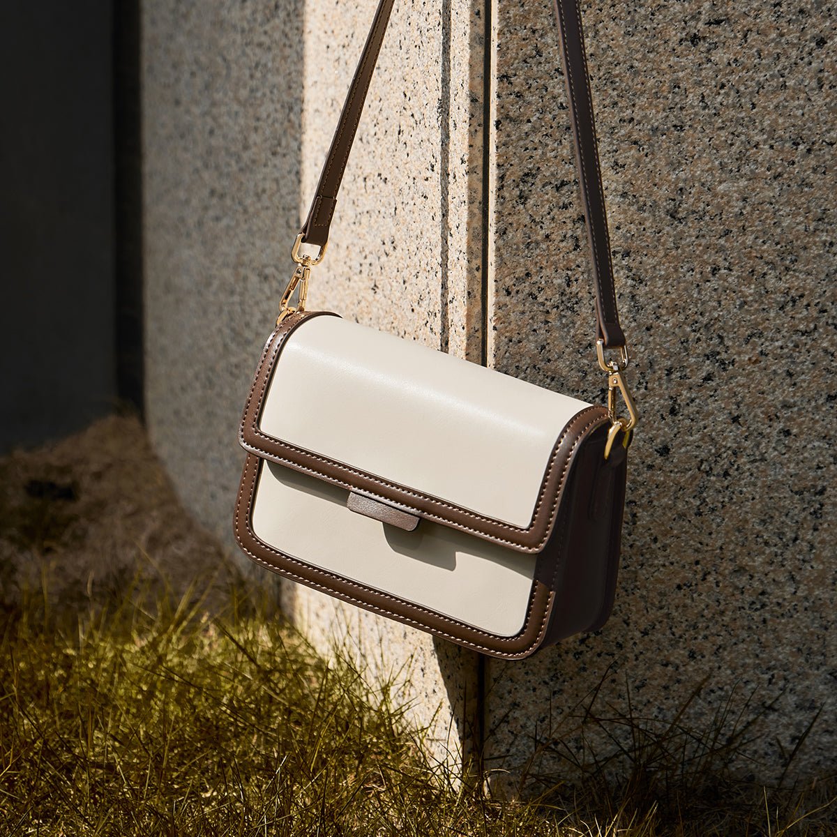 Two-Tone Spliced Ivory Leather Shoulder Bag