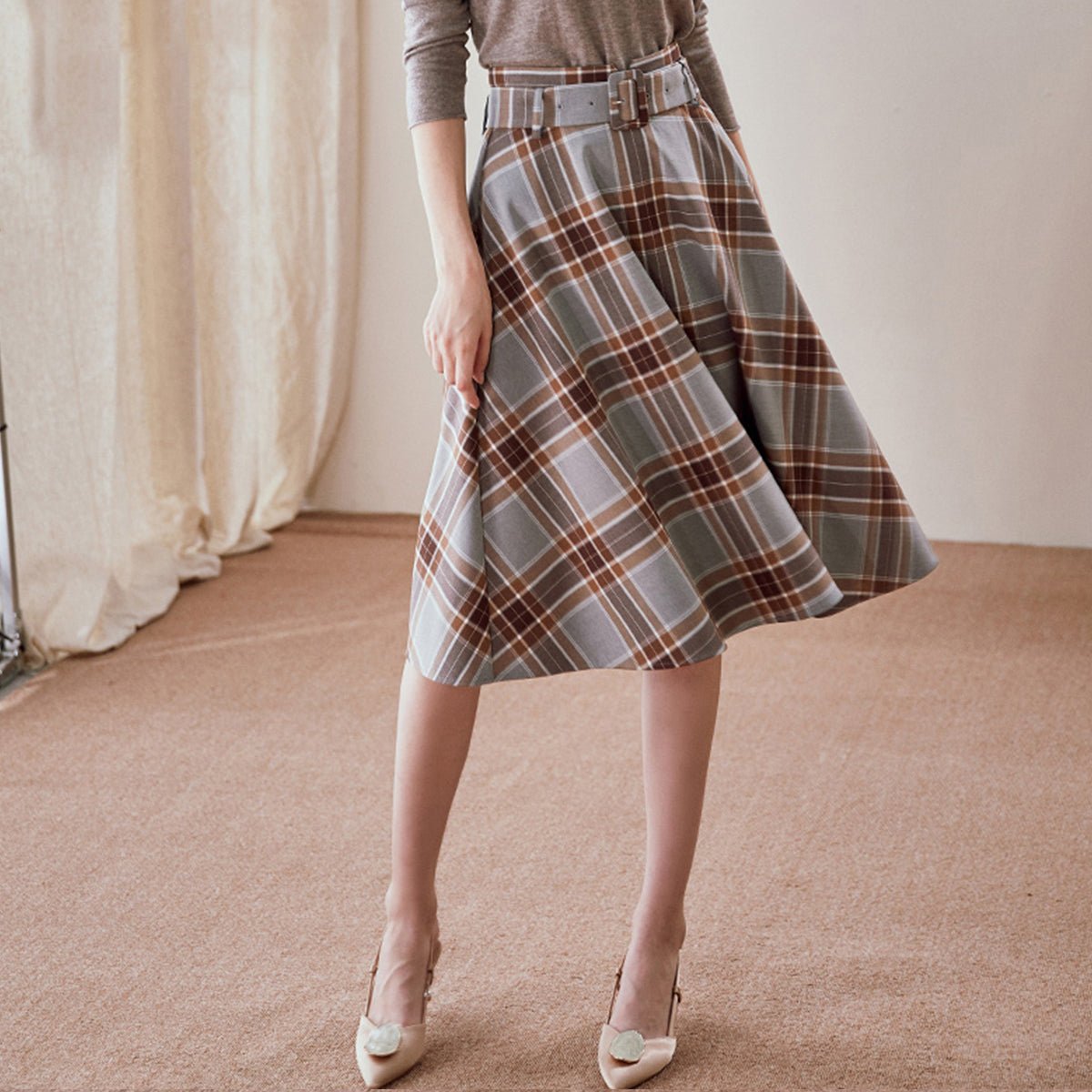 Versatile Gray Tartan Midi Skirt