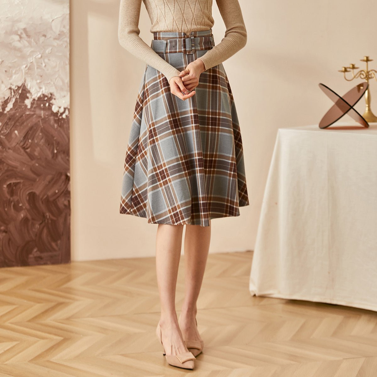 Versatile Gray Tartan Midi Skirt