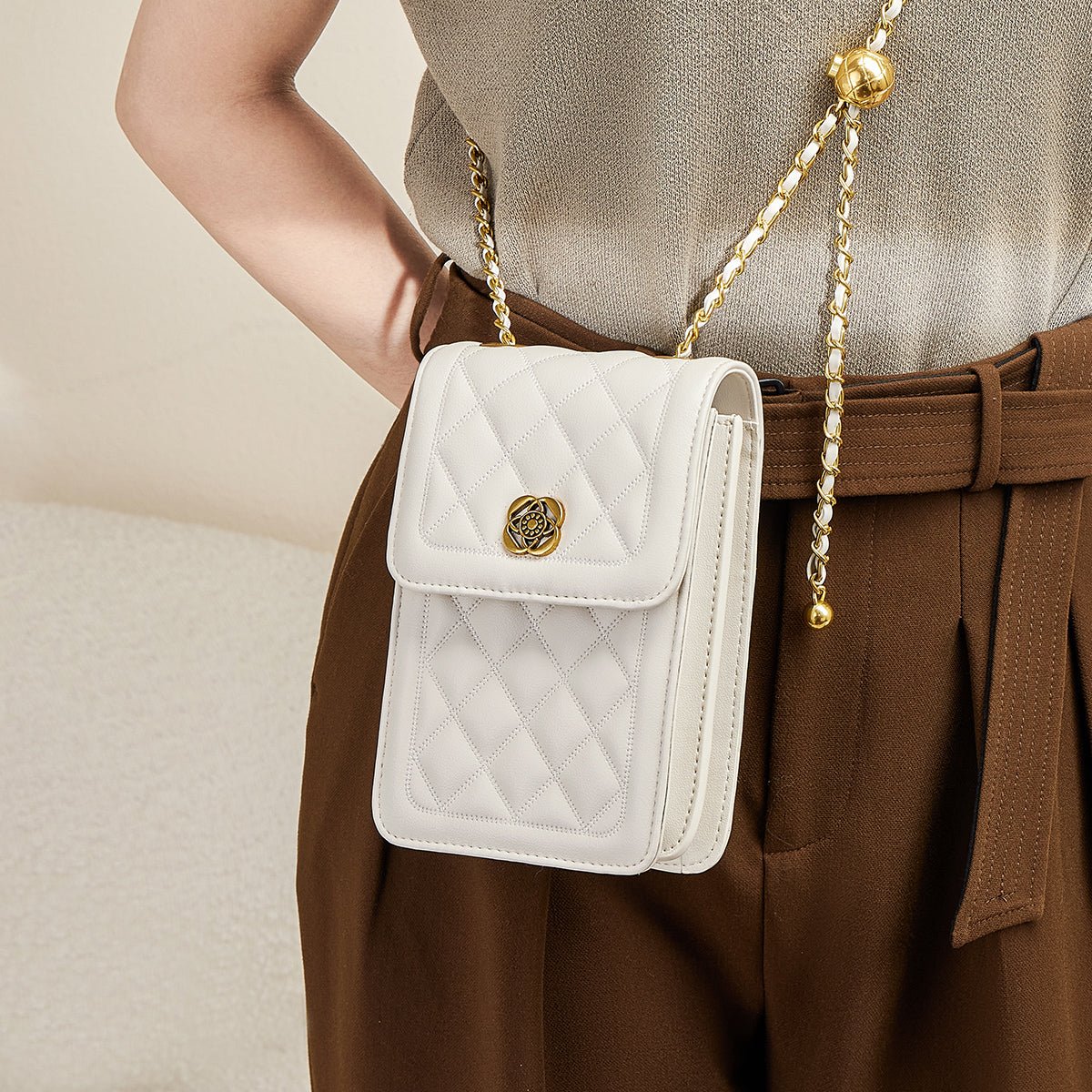 White Quilted Leather Chain Strap Bag