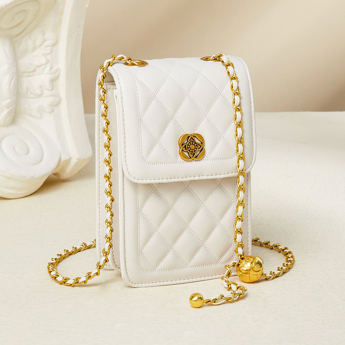White Quilted Leather Chain Strap Bag