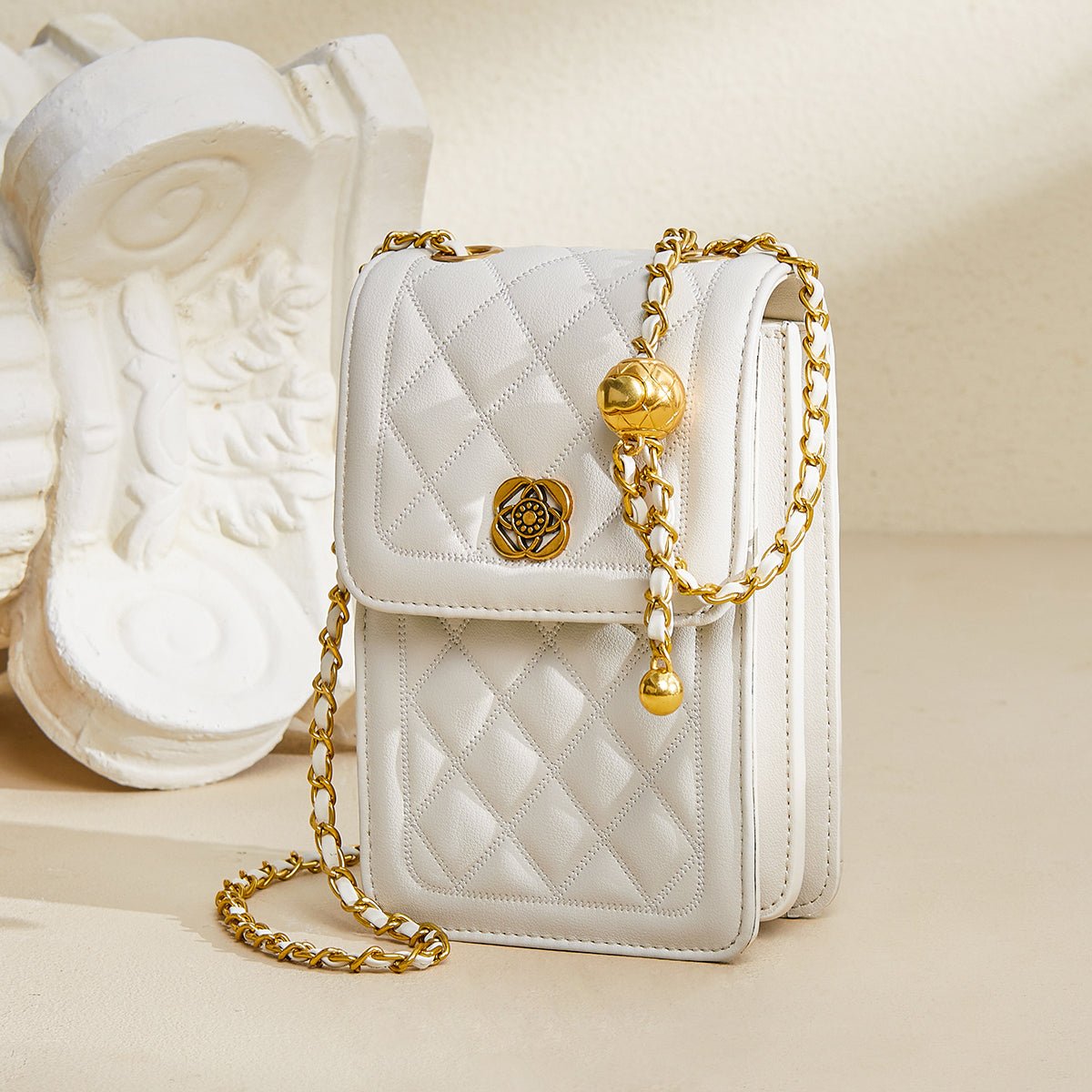 White Quilted Leather Chain Strap Bag