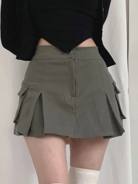 HEYounGIRL Kawaii Women Solid Cargo Mini Skirt Preppy Style High Waist Casual Jeans Tennis Skirts Korean Street Y2K Short Skirt
