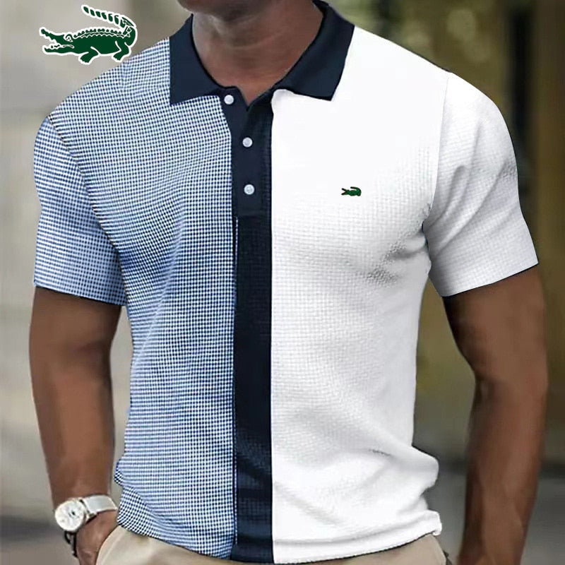 Polo Shirt Fashion Stripe Stitching Casual Short Sleeve Slim Figure Breathable Routine Work.