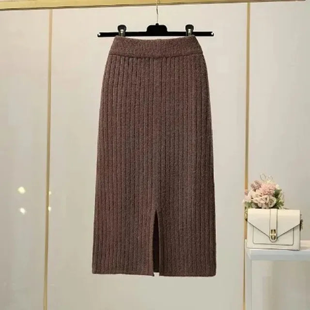 50-60-70 CM 2021 New Fashion Autumn Winter Knitted Sexy Skirt Women Korean Style Black High Waist Elastic Split Skirt Female