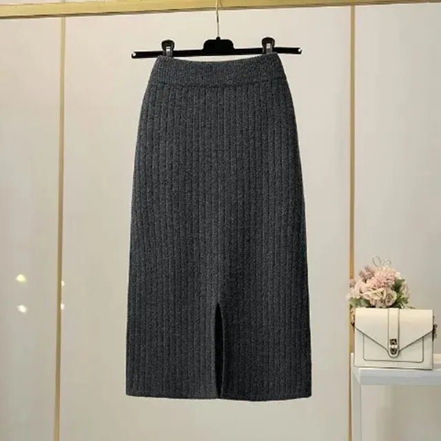 50-60-70 CM 2021 New Fashion Autumn Winter Knitted Sexy Skirt Women Korean Style Black High Waist Elastic Split Skirt Female