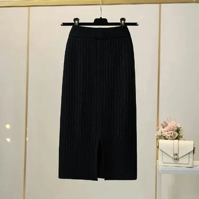 50-60-70 CM 2021 New Fashion Autumn Winter Knitted Sexy Skirt Women Korean Style Black High Waist Elastic Split Skirt Female