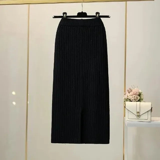 50-60-70 CM 2021 New Fashion Autumn Winter Knitted Sexy Skirt Women Korean Style Black High Waist Elastic Split Skirt Female