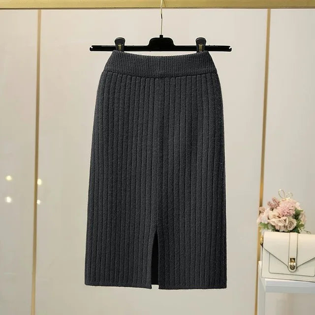 50-60-70 CM 2021 New Fashion Autumn Winter Knitted Sexy Skirt Women Korean Style Black High Waist Elastic Split Skirt Female