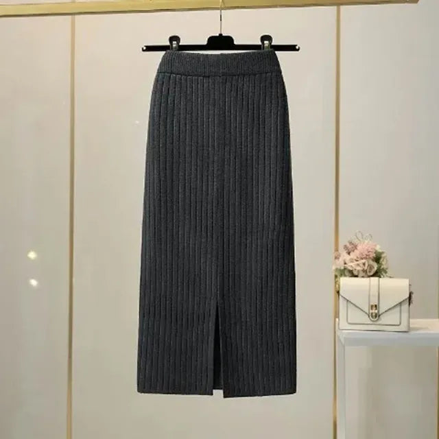 50-60-70 CM 2021 New Fashion Autumn Winter Knitted Sexy Skirt Women Korean Style Black High Waist Elastic Split Skirt Female