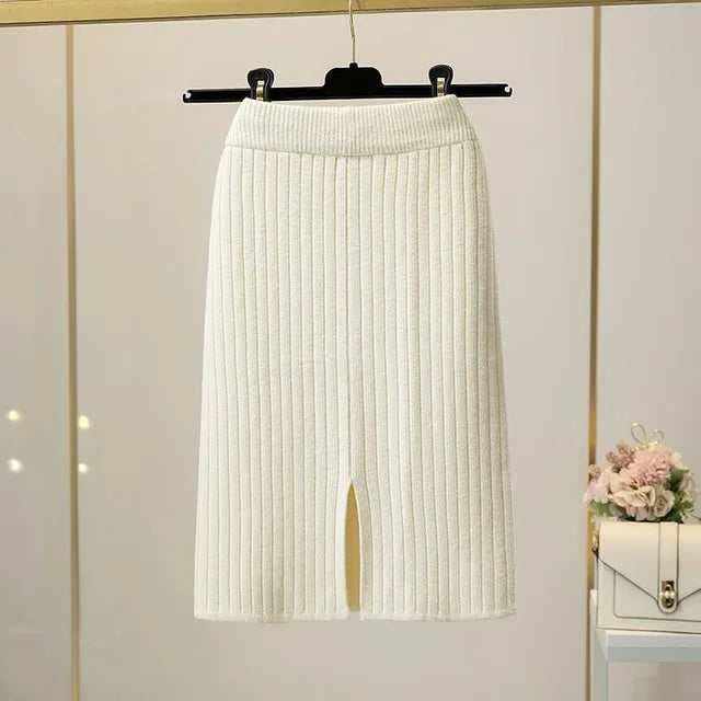 50-60-70 CM 2021 New Fashion Autumn Winter Knitted Sexy Skirt Women Korean Style Black High Waist Elastic Split Skirt Female