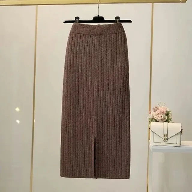 50-60-70 CM 2021 New Fashion Autumn Winter Knitted Sexy Skirt Women Korean Style Black High Waist Elastic Split Skirt Female