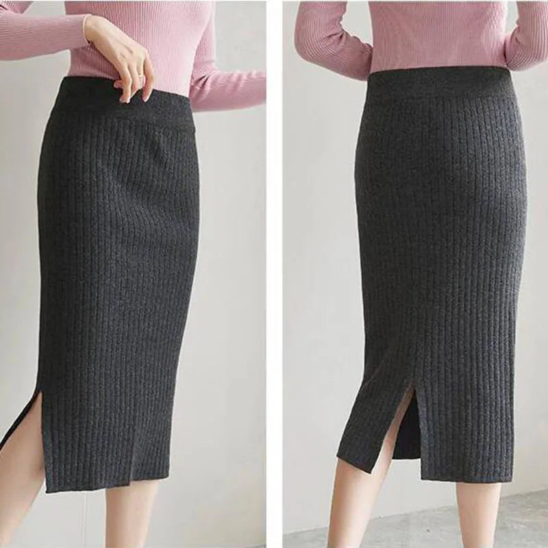 50-60-70 CM 2021 New Fashion Autumn Winter Knitted Sexy Skirt Women Korean Style Black High Waist Elastic Split Skirt Female