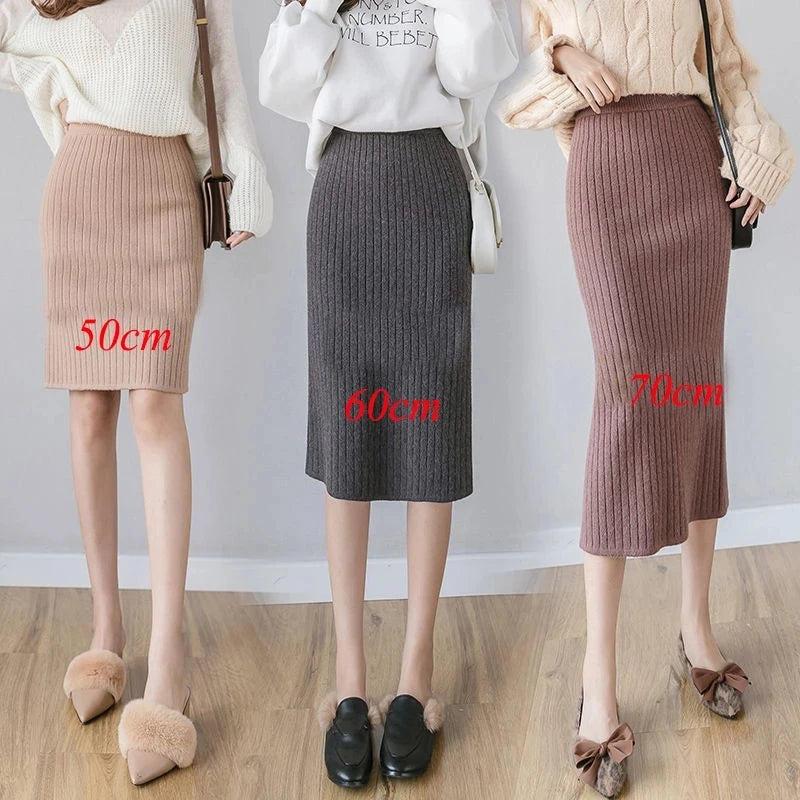 50-60-70 CM 2021 New Fashion Autumn Winter Knitted Sexy Skirt Women Korean Style Black High Waist Elastic Split Skirt Female