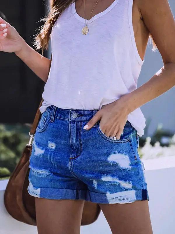 DESTROYED HIGH STRETCH DENIM SHORTS