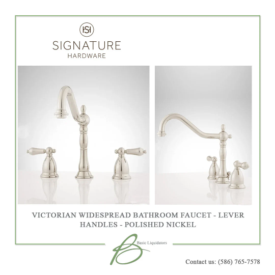 New Polished Nickel Victorian Widespread Bathroom Faucet w/ Lever Handles - Signature Hardware