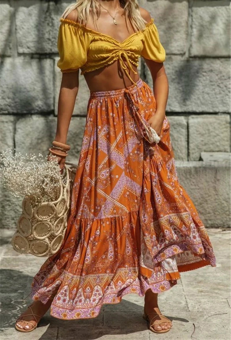 Happie Queens Women Yellow Floral Print Tassel Bohemian Beach Maxi Skirts Vintage Rayon Cotton Pleated Boho Skirt Femme