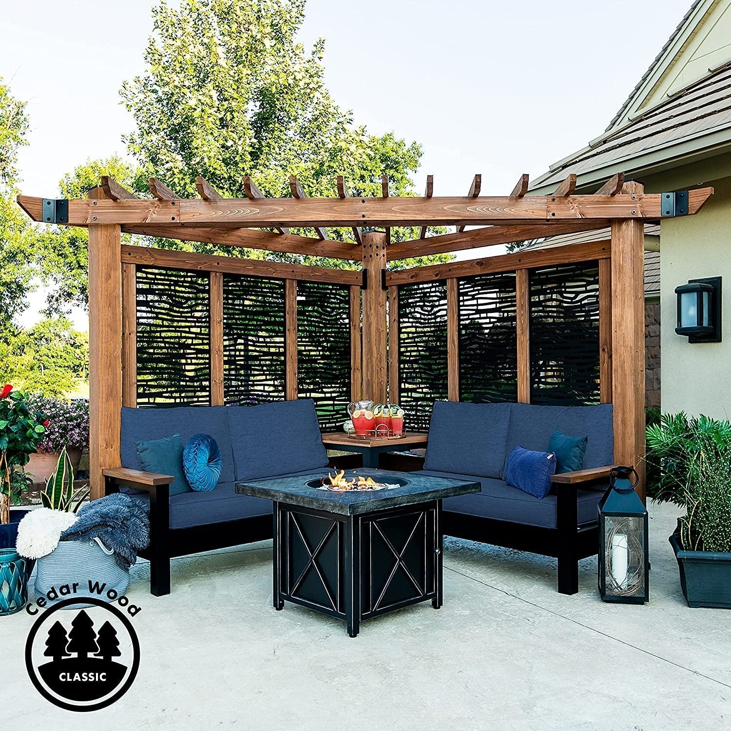 Tuscany Cabana Pergola with Bamboo Privacy Panels and Conversation Seating in Indigo