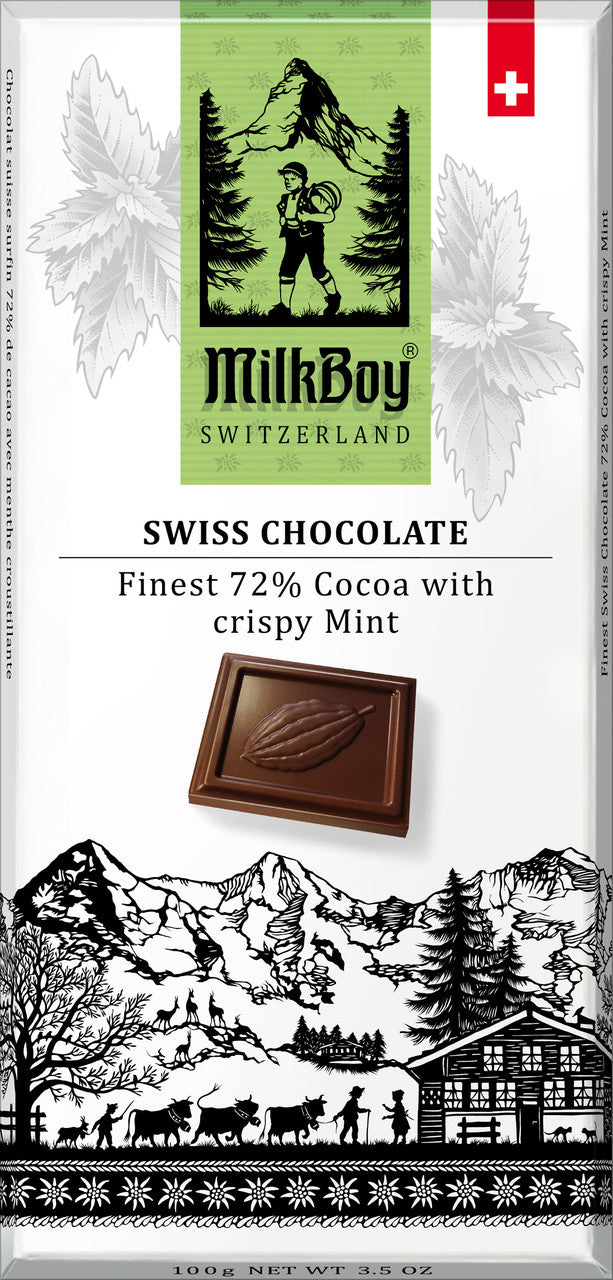 Milkboy Swiss Dark Chocolate 72% Cocoa With Crispy Mint Bar, 3.5 oz