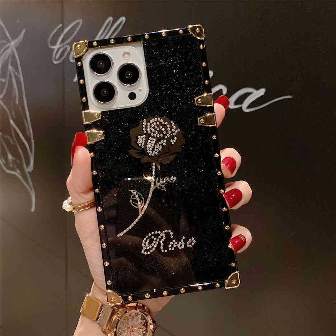 Black Sparkle Rose Square iPhone Case