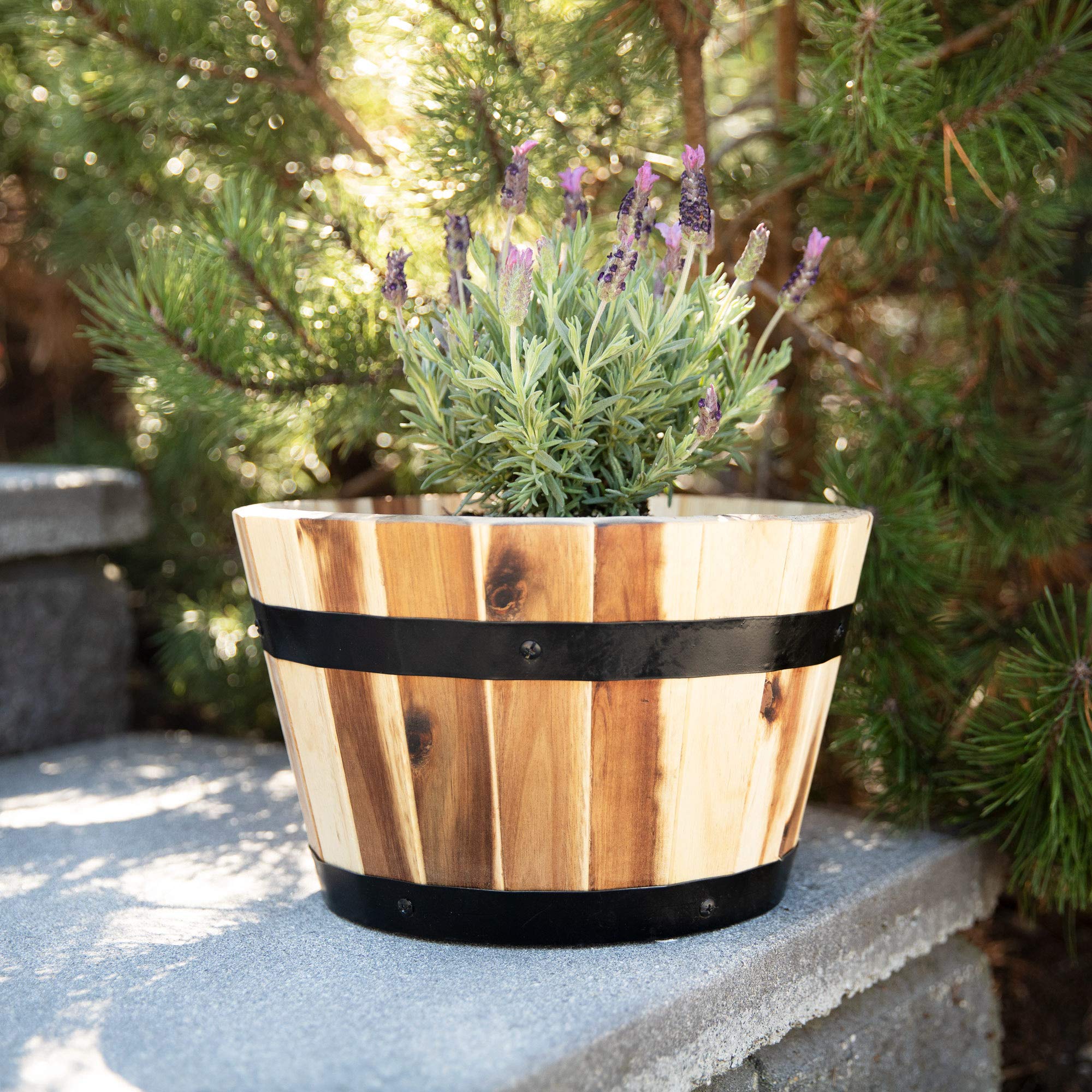 Acacia Round Wooden Farmhouse Planter - 11