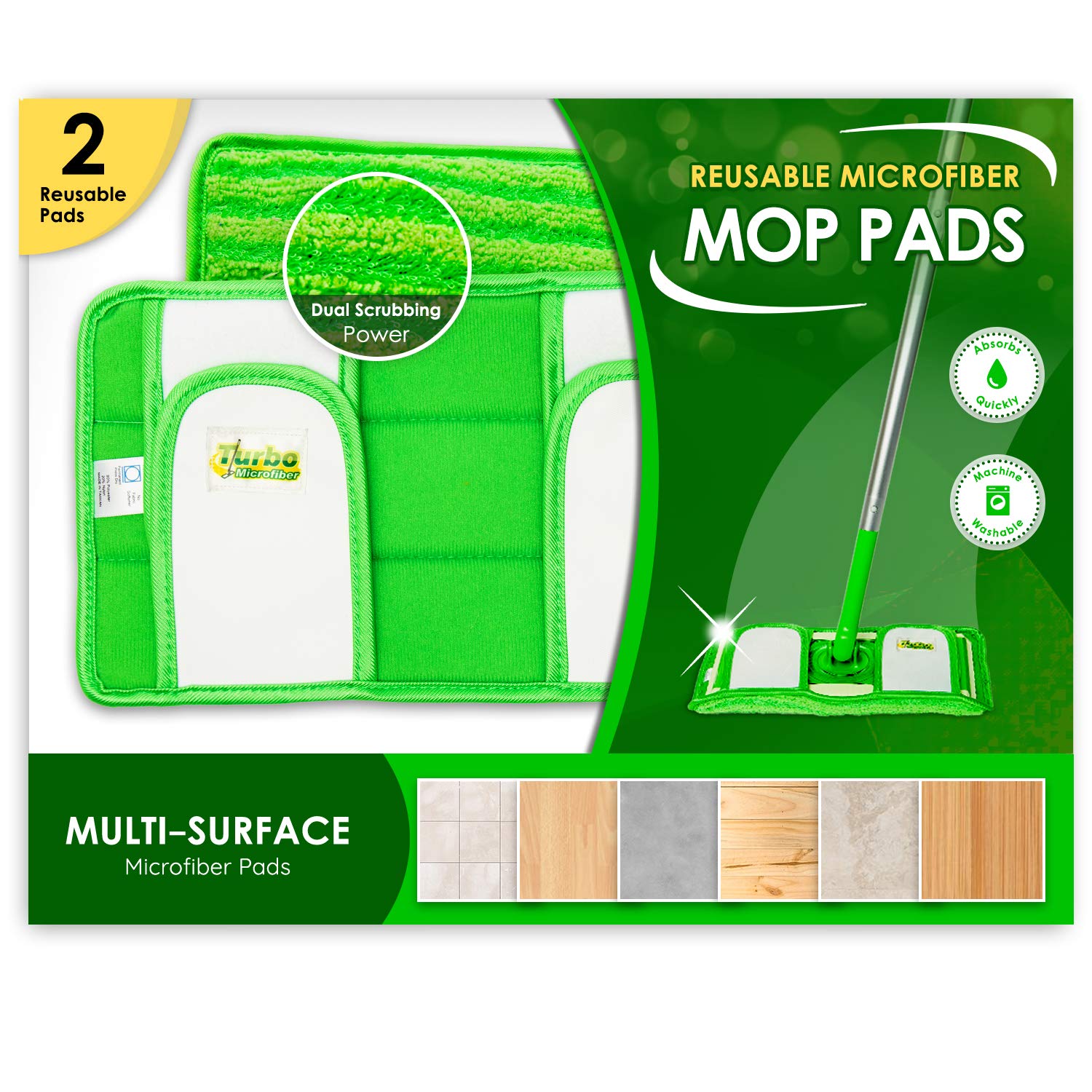 Reusable Pads Compatible with Swiffer Sweeper Mops - Washable Microfiber Mop Pad Refills by Turbo - 12 Inch Floor Cleaning Mop Head Pads Work Wet and Dry - 2 Pack
