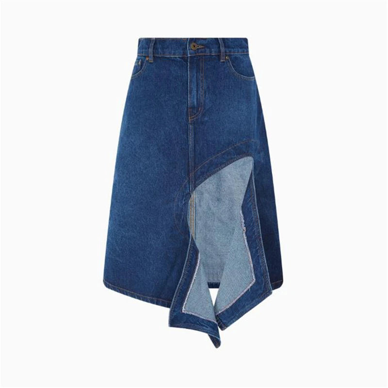 Summer New Fashion High Waist Hollow Split Open Leg Denim Skirt Women's High Quality Stitching Cut Irregular Hem A-Line Skirt