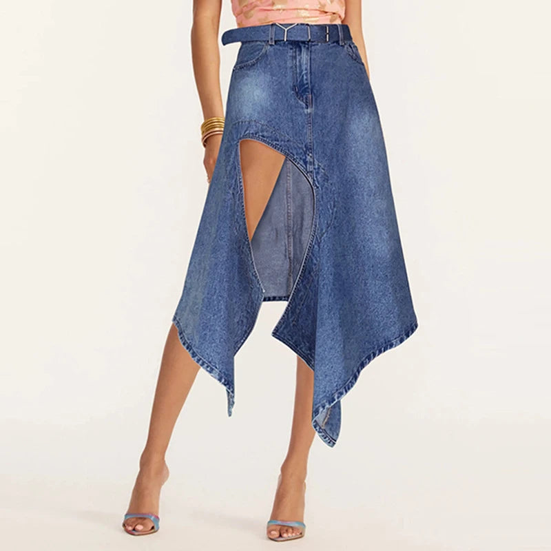 Summer New Fashion High Waist Hollow Split Open Leg Denim Skirt Women's High Quality Stitching Cut Irregular Hem A-Line Skirt