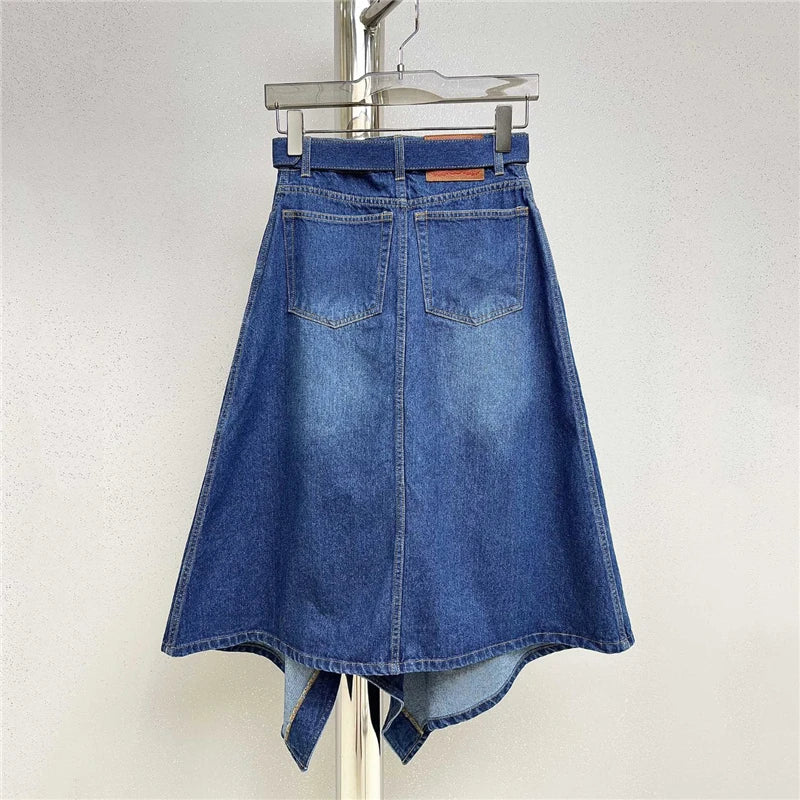 Summer New Fashion High Waist Hollow Split Open Leg Denim Skirt Women's High Quality Stitching Cut Irregular Hem A-Line Skirt