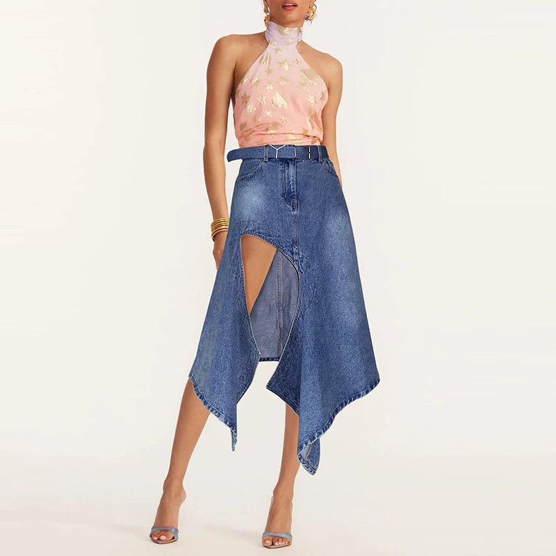 Summer New Fashion High Waist Hollow Split Open Leg Denim Skirt Women's High Quality Stitching Cut Irregular Hem A-Line Skirt