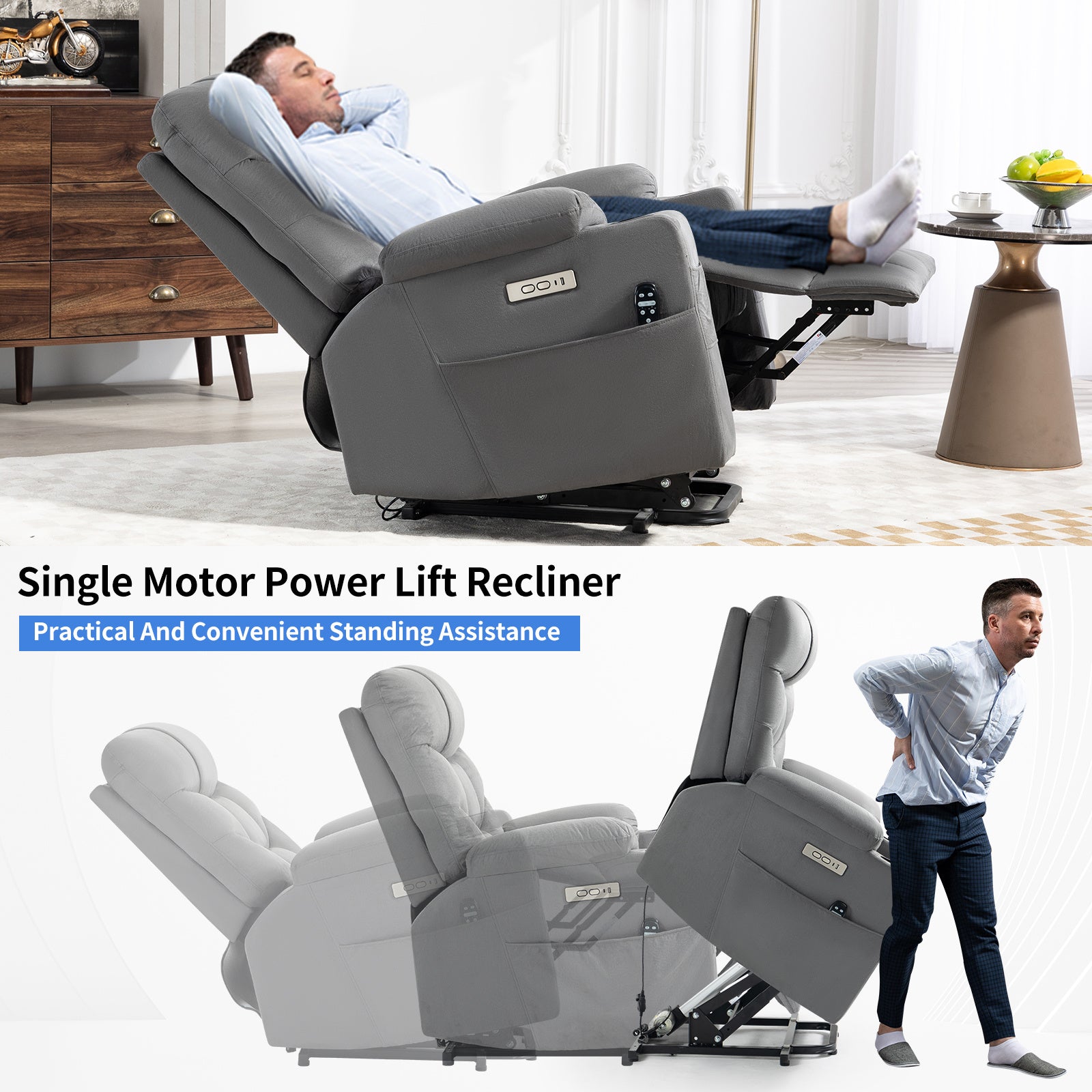 Okin Motor Up to 350 LBS Power Lift Recliner Chair, Heavy Duty Motion Mechanism with 8-Point Vibration Massage and Lumbar Heating, Cup Holders, USB and Type-C Ports, Removable Cushions, Grey