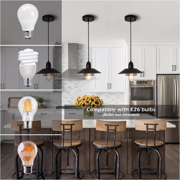 Farmhouse Vintage Pendant Light Black Fixture Pendant Lights with Spring Frame Adjustable Metal Hanging Lamp for Kitchen Island Dining Room Bedroom Living Room Barn Entryway, E26