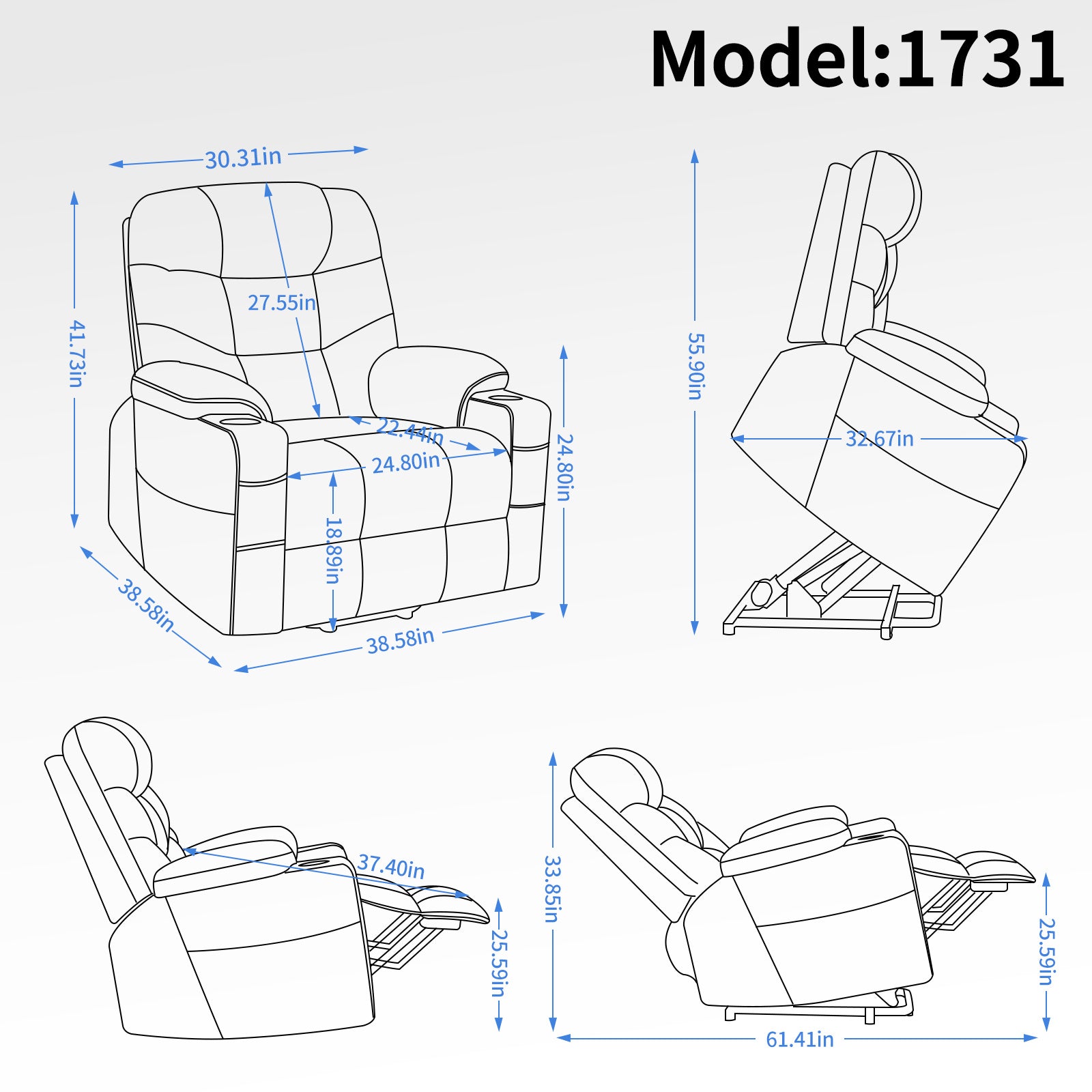 Okin Motor Up to 350 LBS Power Lift Recliner Chair, Heavy Duty Motion Mechanism with 8-Point Vibration Massage and Lumbar Heating, Cup Holders, USB and Type-C Ports, Removable Cushions, Grey