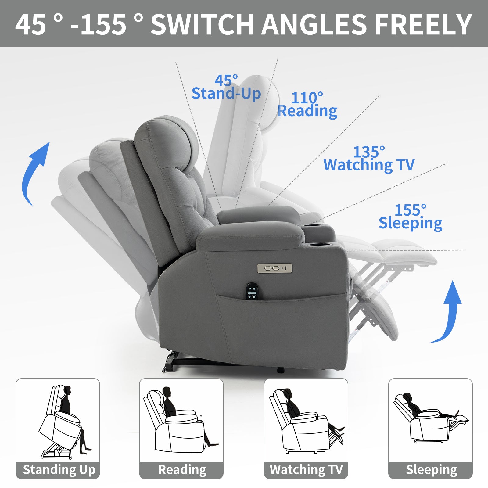 Okin Motor Up to 350 LBS Power Lift Recliner Chair, Heavy Duty Motion Mechanism with 8-Point Vibration Massage and Lumbar Heating, Cup Holders, USB and Type-C Ports, Removable Cushions, Grey