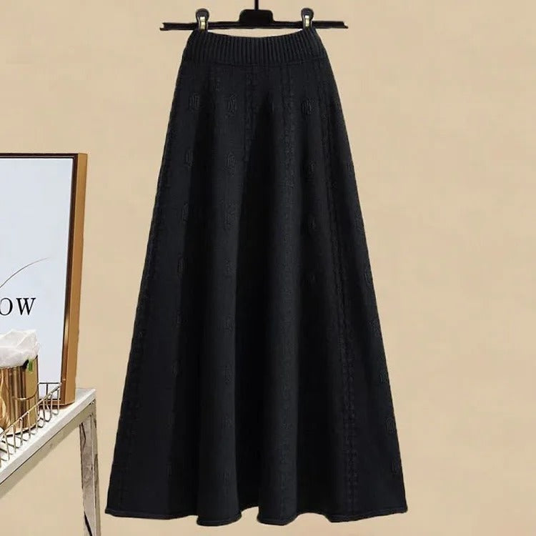 Sweet Bow Patterns Cable Knit Sweater & Midi Skirt Set