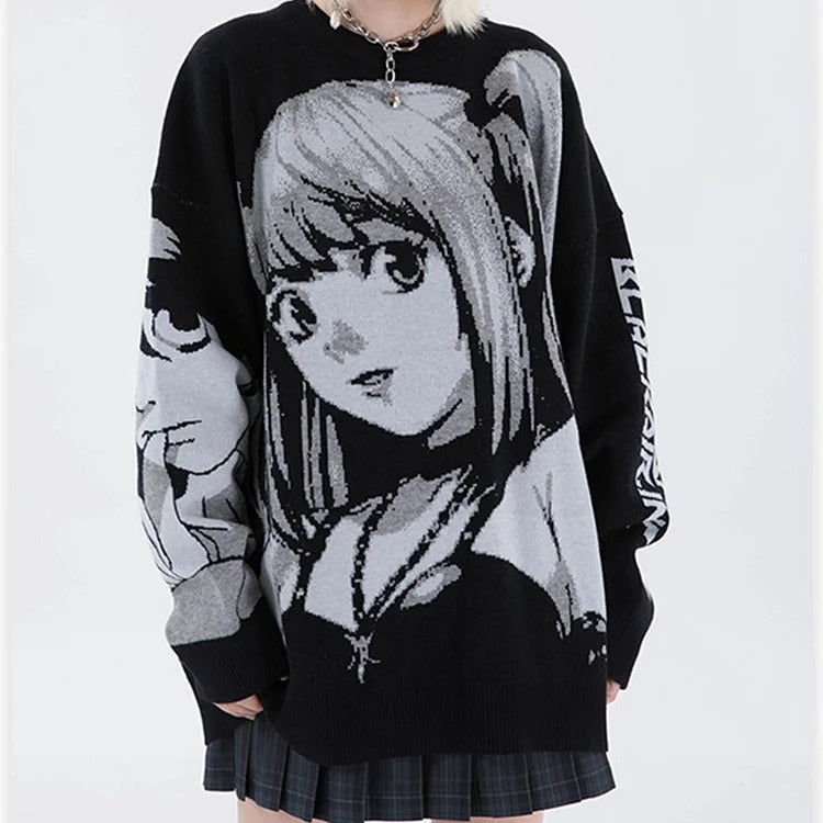 Chic Anime Girl Letter Print Knit Sweater - Casual Fashion